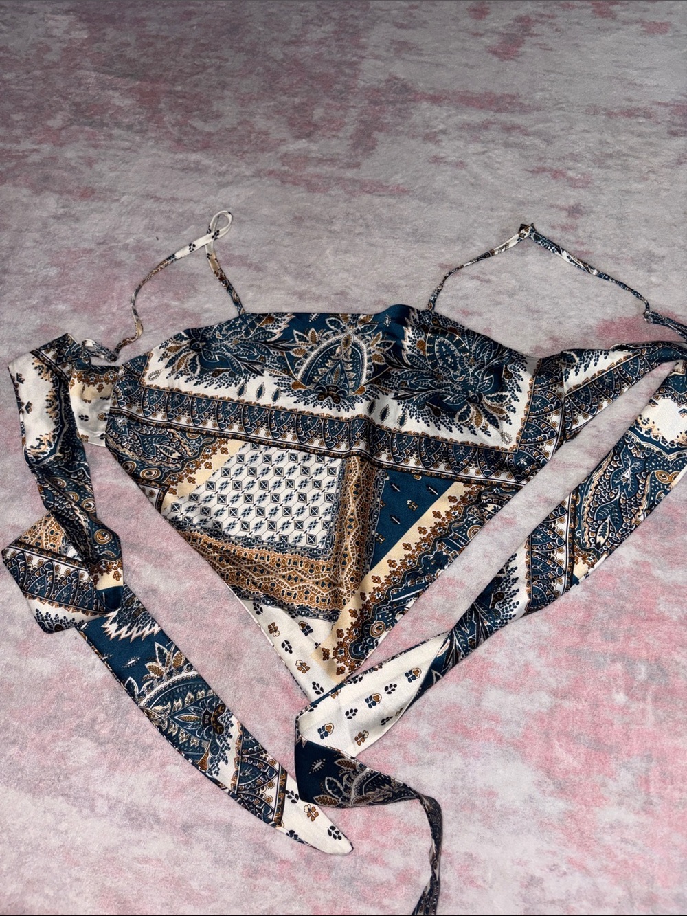 SHEIN Navy & Cream Paisley Bandana Wrap Tie Open Back Top
